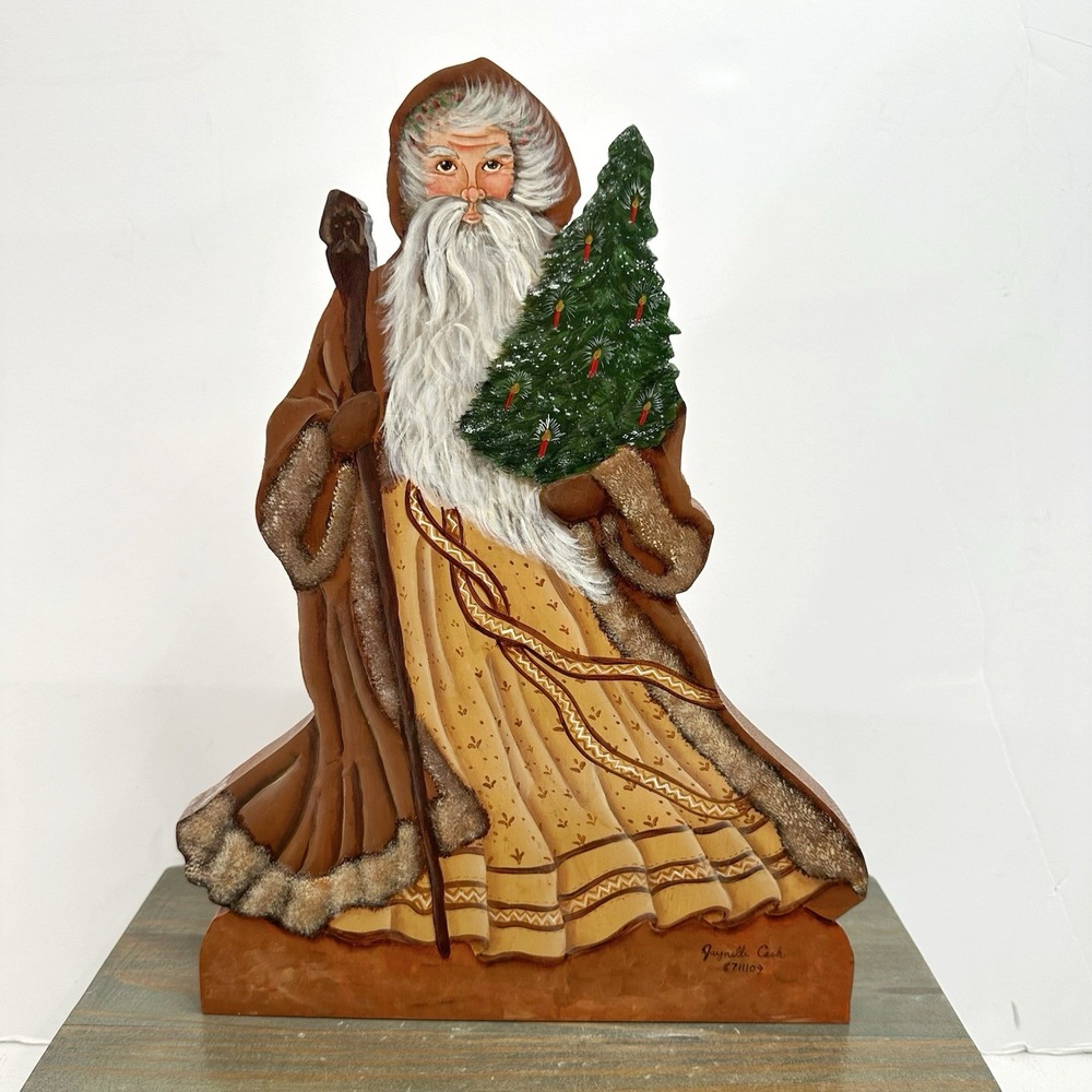 Hand Painted Folk Art Wooden Santa Father Christmas Figure Free Standing Signed